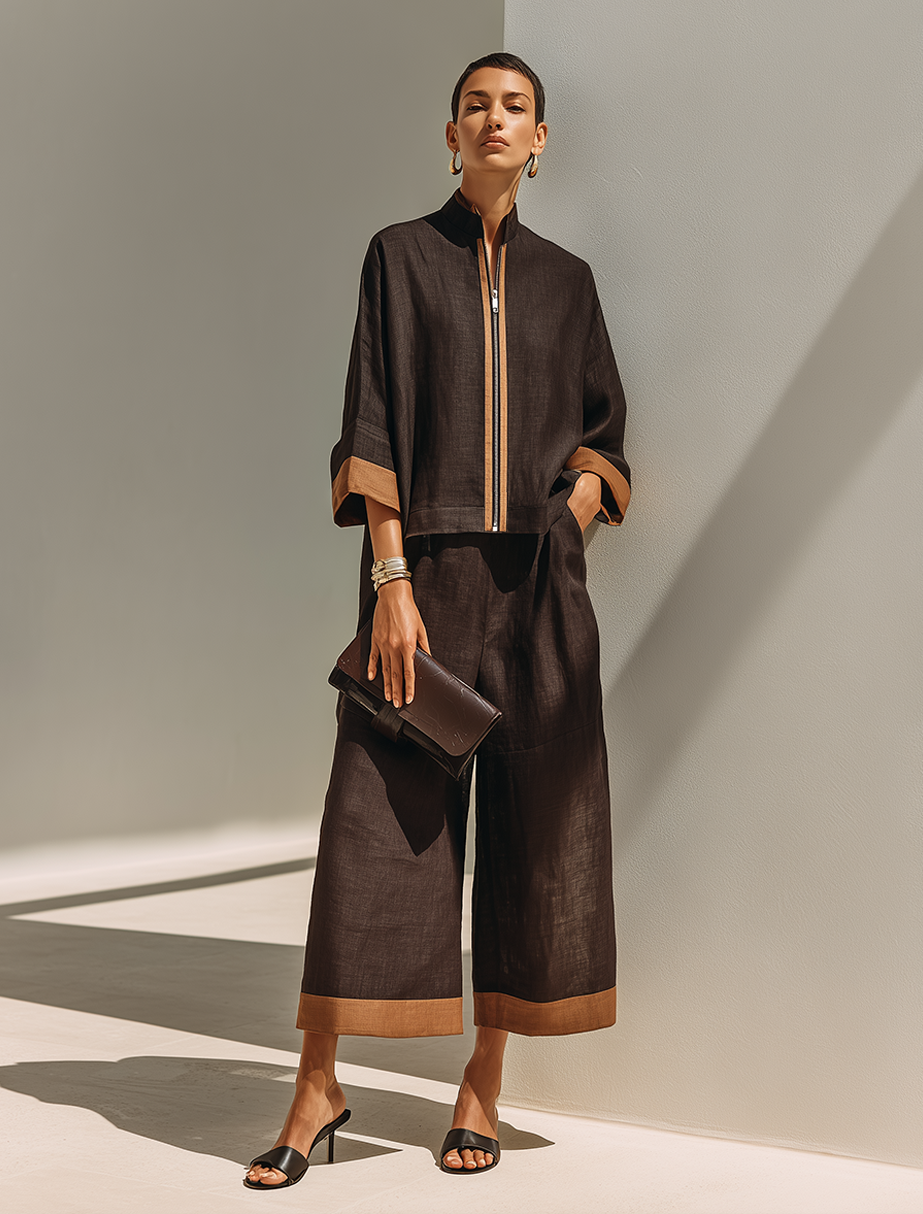Women's Dark‑Brown Linen Fabric Stand‑Collared Zip‑Up Crop Top & Wide‑Leg Pants Set