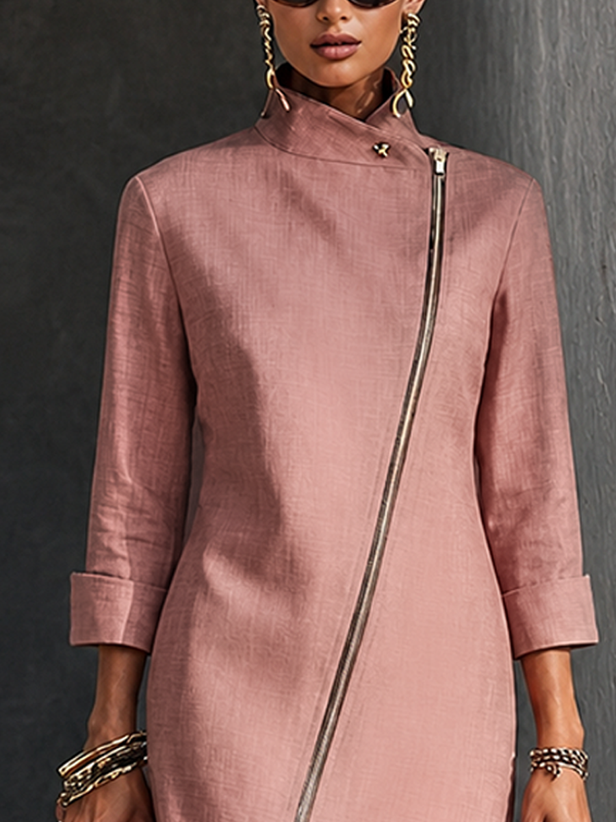 Women's Elegant Dusty Pink Cotton Linen Asymmetric Zip Stand Collar Mini Dress
