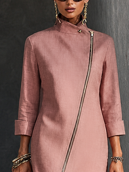 Women's Elegant Dusty Pink Cotton Linen Asymmetric Zip Stand Collar Mini Dress