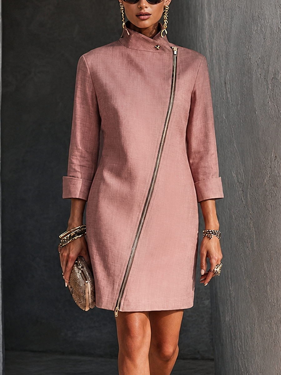 Women's Elegant Dusty Pink Cotton Linen Asymmetric Zip Stand Collar Mini Dress