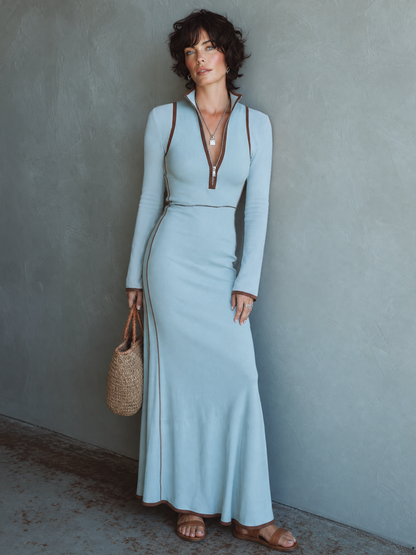 Women's Casual Fitted Color-Block Long-Sleeve Maxi Dress In Stretch Knit
