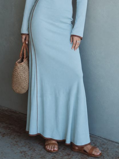 Women's Casual Fitted Color-Block Long-Sleeve Maxi Dress In Stretch Knit
