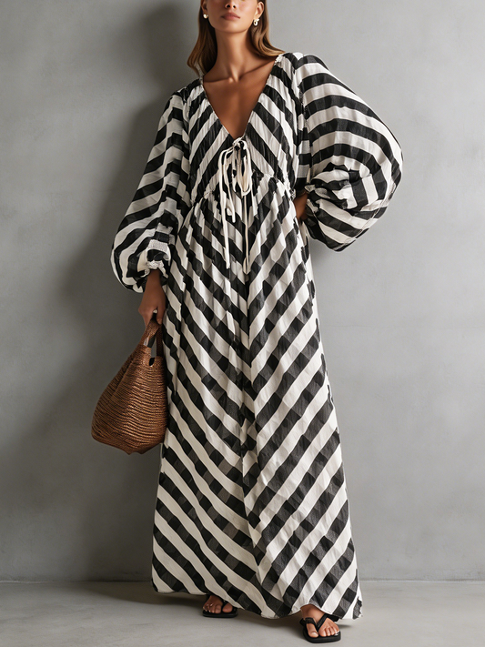 Women's Casual Black And White Striped Woven Printed V-Neck Long-Sleeve Maxi Dress