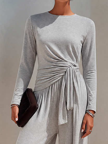 Women's Soft Light Grey Cotton-Blend Long-Sleeve Wrap Top & Wide-Leg Pants Set