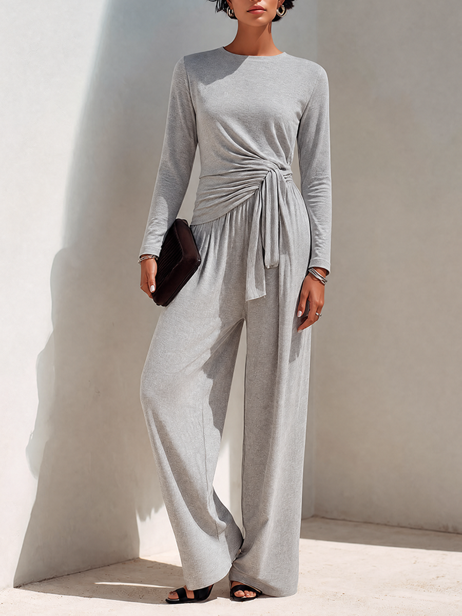 Women's Soft Light Grey Cotton-Blend Long-Sleeve Wrap Top & Wide-Leg Pants Set
