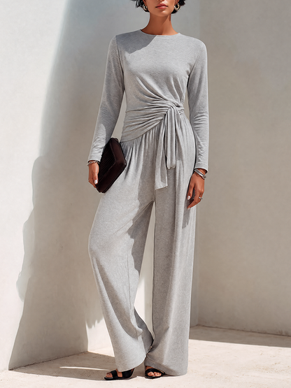Women's Soft Light Grey Cotton-Blend Long-Sleeve Wrap Top & Wide-Leg Pants Set
