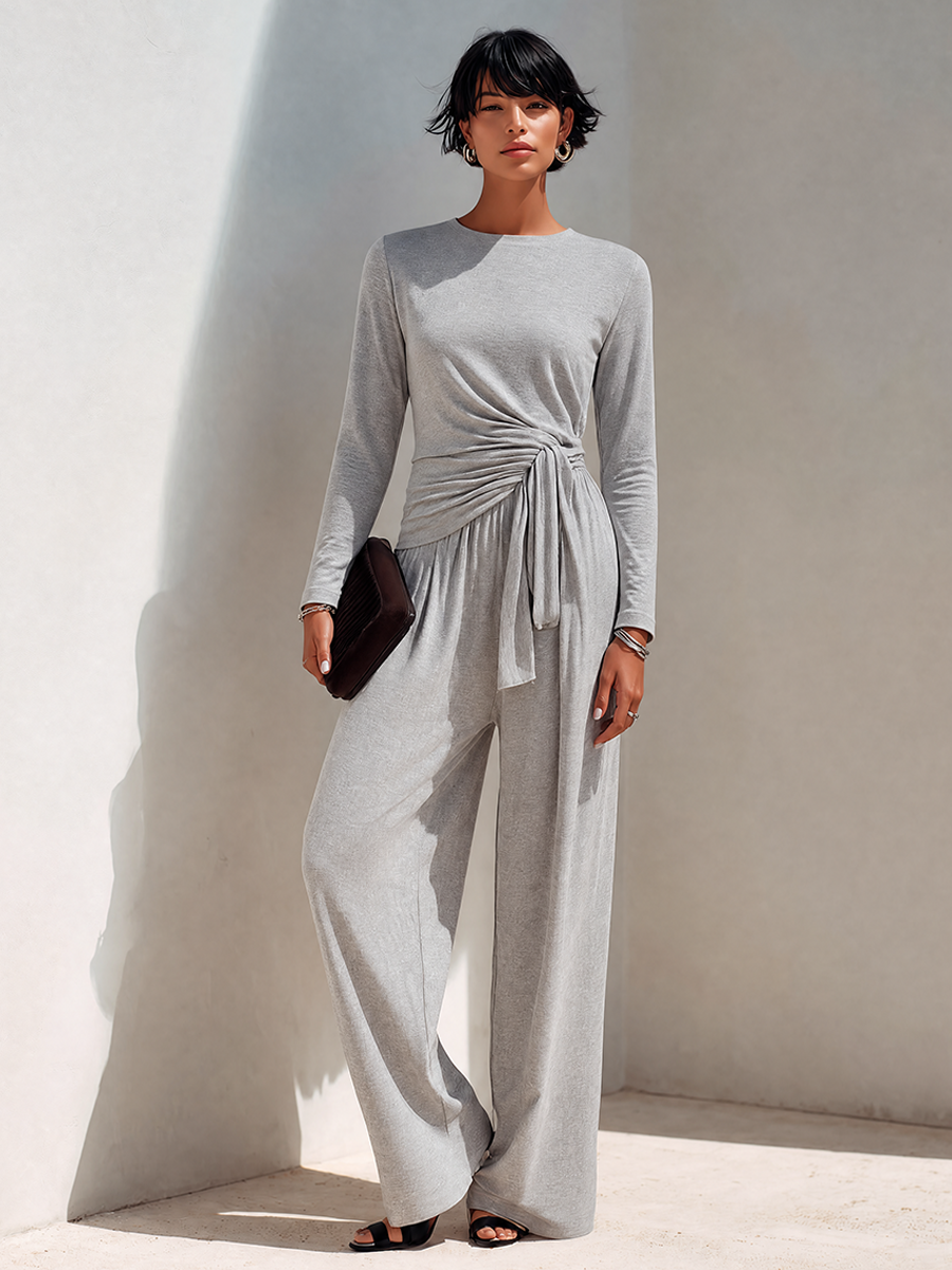 Women's Soft Light Grey Cotton-Blend Long-Sleeve Wrap Top & Wide-Leg Pants Set