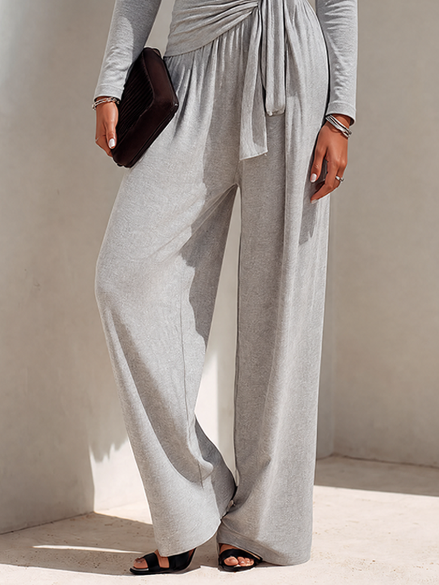 Women's Soft Light Grey Cotton-Blend Long-Sleeve Wrap Top & Wide-Leg Pants Set