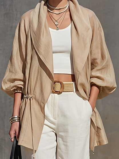 Women's Khaki Linen Blend Sheer Jacket With Lapel Collar Balloon Three Quarter Sleeves & Waist Drawstring, Minimalist Resort Lightweight Oversized Outerwear