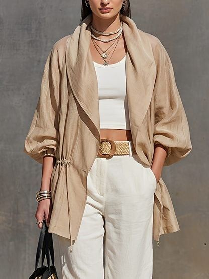 Women's Khaki Linen Blend Sheer Jacket With Lapel Collar Balloon Three Quarter Sleeves & Waist Drawstring, Minimalist Resort Lightweight Oversized Outerwear