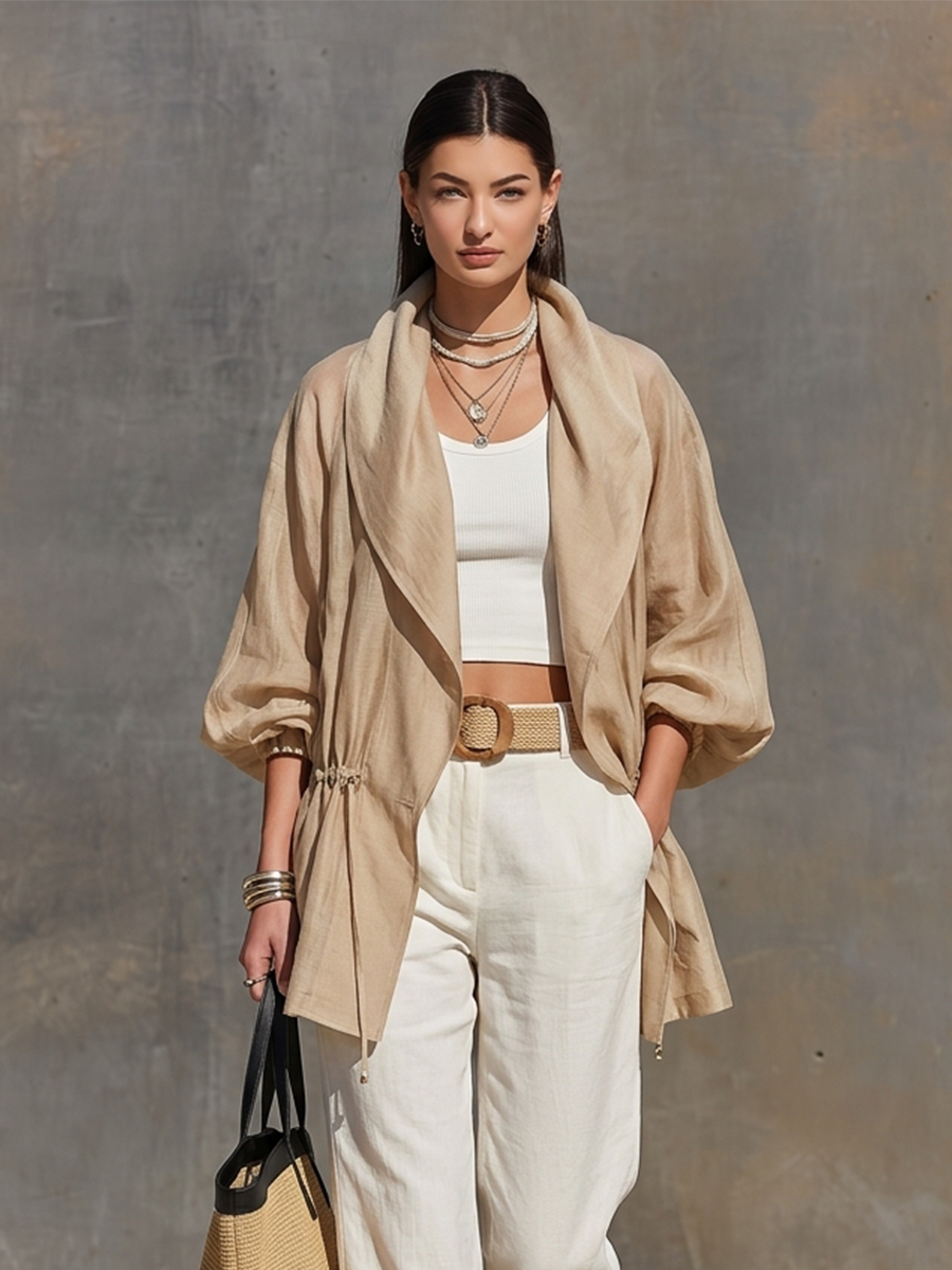 Women's Khaki Linen Blend Sheer Jacket With Lapel Collar Balloon Three Quarter Sleeves & Waist Drawstring, Minimalist Resort Lightweight Oversized Outerwear