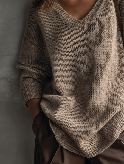 Women's Casual Grey-brown Knitted V-neck Long-sleeve Sweater