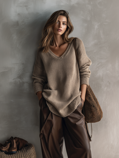 Women's Casual Grey-brown Knitted V-neck Long-sleeve Sweater
