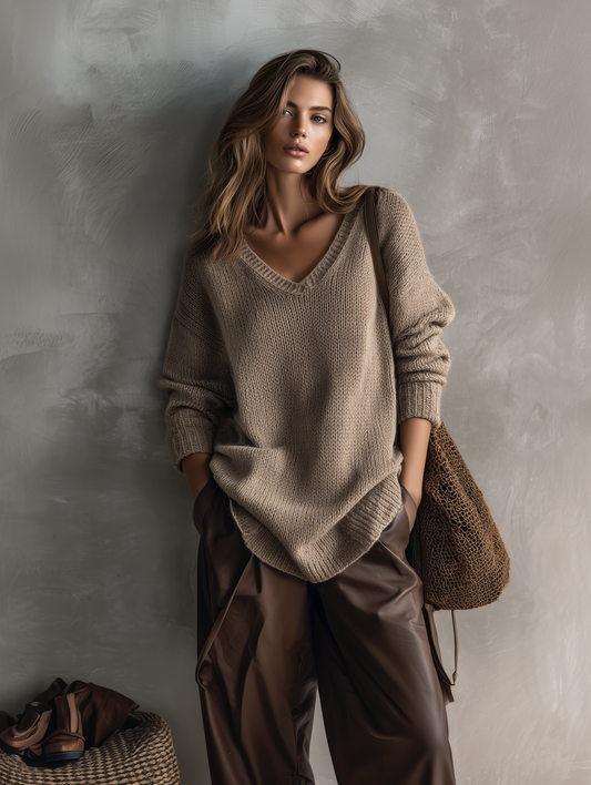 Women's Casual Grey-brown Knitted V-neck Long-sleeve Sweater