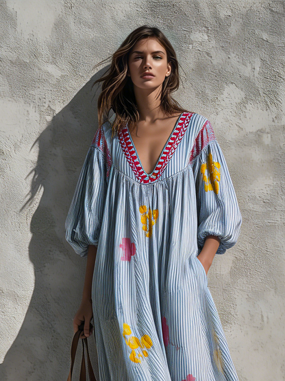 Women's Casual Blue And White Striped Print Woven Maxi Dress With V-Neck And Puff Sleeves
