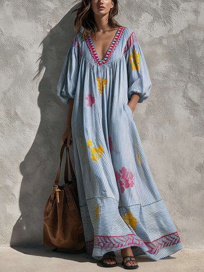 Women's Casual Blue And White Striped Print Woven Maxi Dress With V-Neck And Puff Sleeves