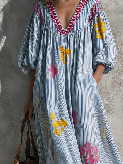 Women's Casual Blue And White Striped Print Woven Maxi Dress With V-Neck And Puff Sleeves