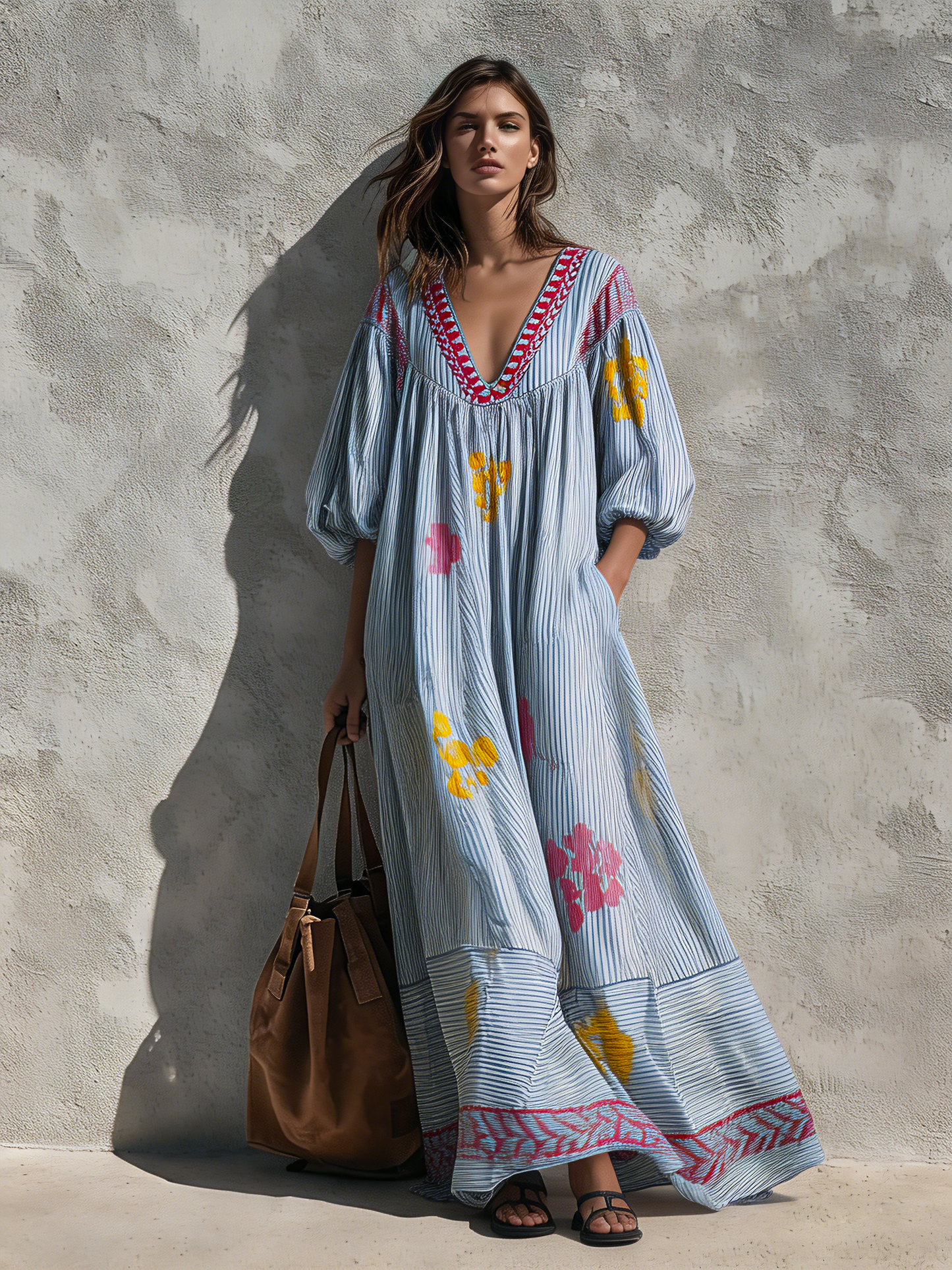 Women's Casual Blue And White Striped Print Woven Maxi Dress With V-Neck And Puff Sleeves