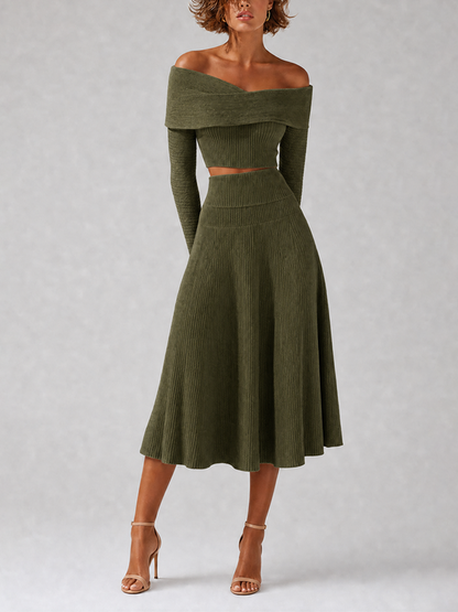 Women's Elegant Green Ribbed-Knit Off-Shoulder Crossover-Neck Long-Sleeve Cropped Top & High-Waisted A-Line Midi Skirt Set