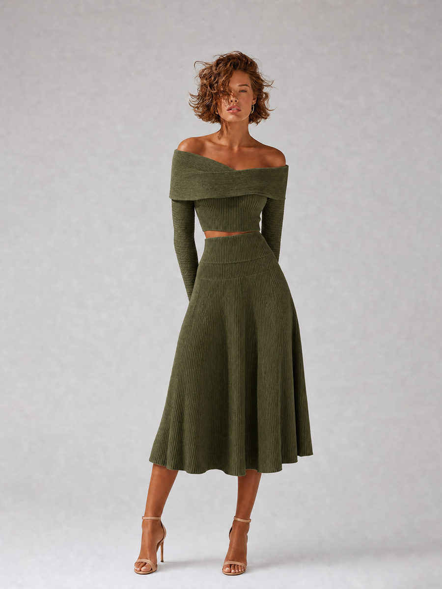 Women's Elegant Green Ribbed-Knit Off-Shoulder Crossover-Neck Long-Sleeve Cropped Top & High-Waisted A-Line Midi Skirt Set