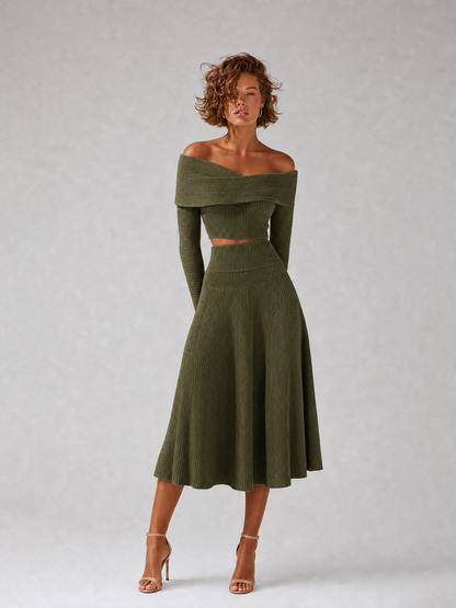 Women's Elegant Green Ribbed-Knit Off-Shoulder Crossover-Neck Long-Sleeve Cropped Top & High-Waisted A-Line Midi Skirt Set