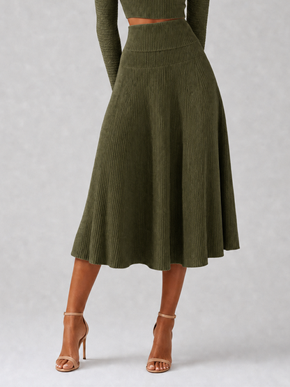 Women's Elegant Green Ribbed-Knit Off-Shoulder Crossover-Neck Long-Sleeve Cropped Top & High-Waisted A-Line Midi Skirt Set