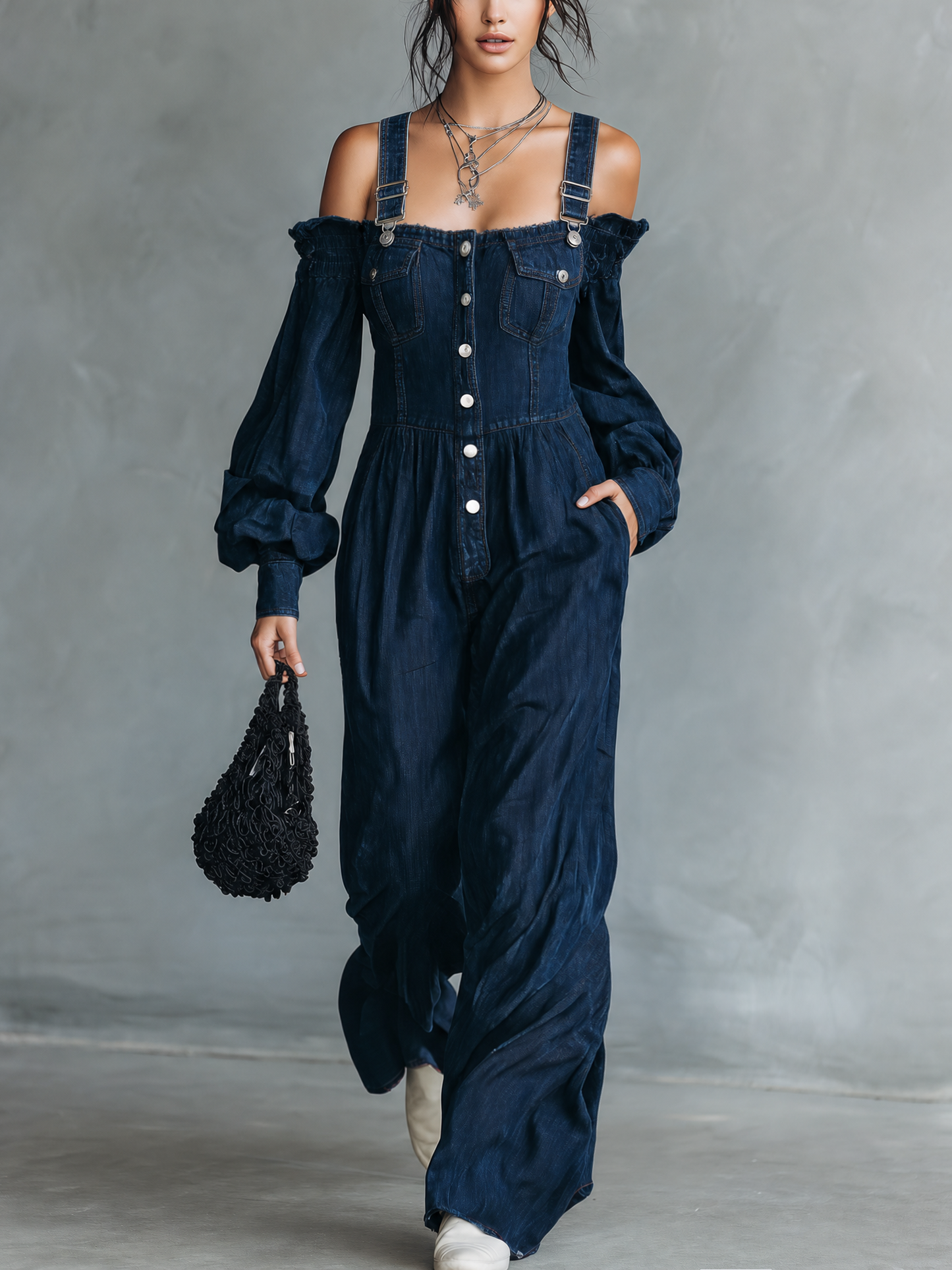 Women's Casual Dark Blue Denim Long-sleeve Overall Jumpsuit