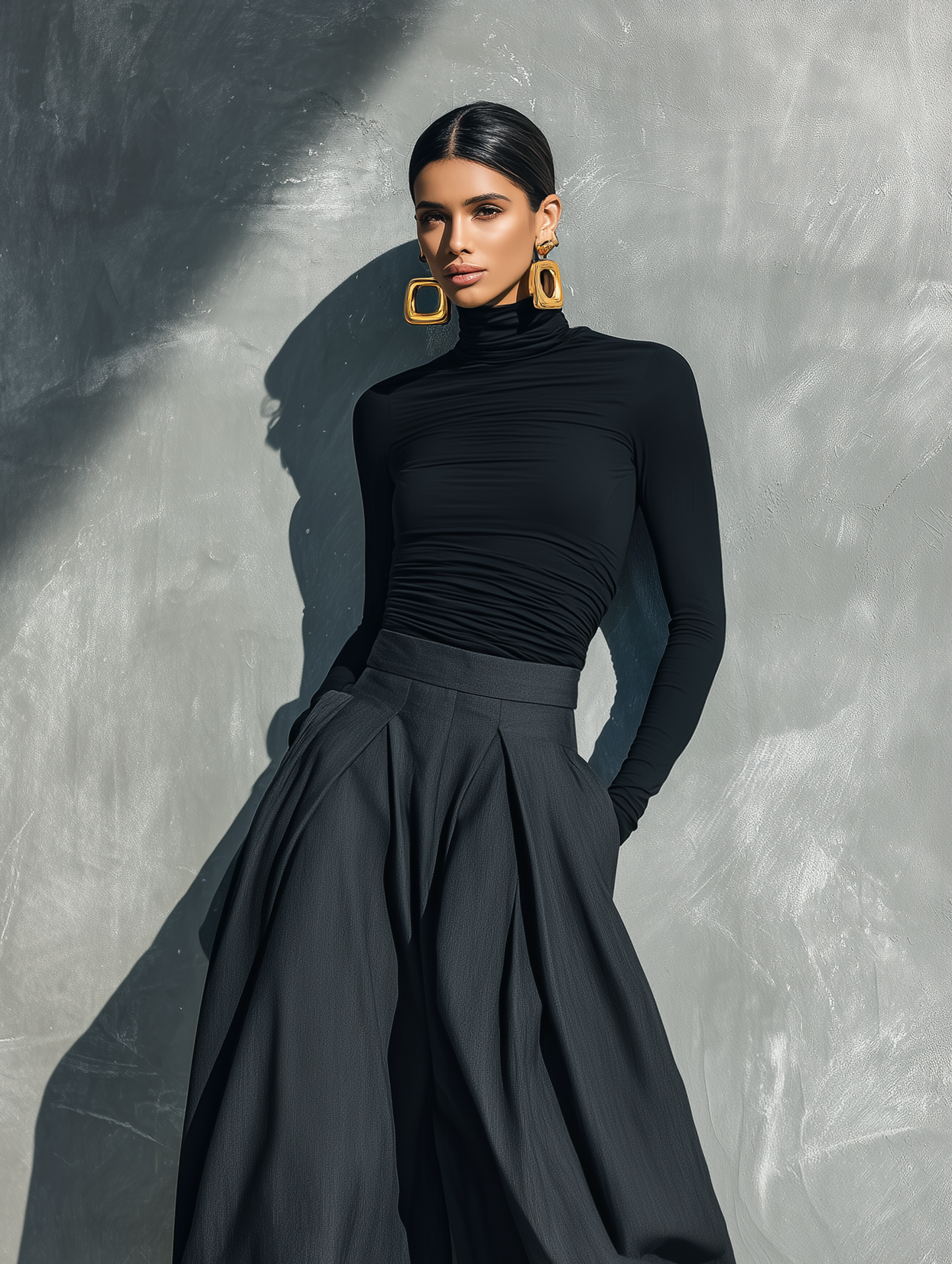 Women's Casual 2-Piece Set Black Stretch-knit Long-sleeve Top And Dark Gray Woven Wide-leg Trousers
