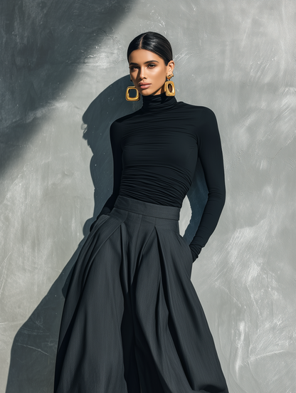 Women's Casual 2-Piece Set Black Stretch-knit Long-sleeve Top And Dark Gray Woven Wide-leg Trousers