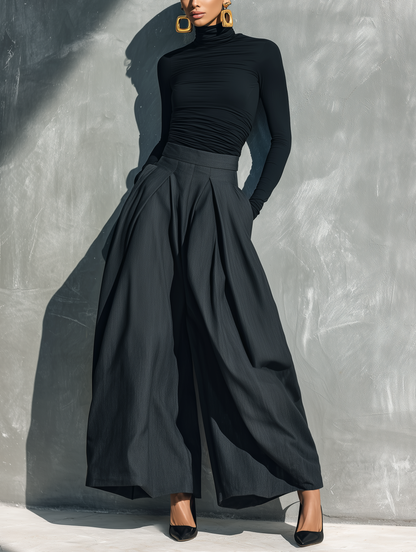 Women's Casual 2-Piece Set Black Stretch-knit Long-sleeve Top And Dark Gray Woven Wide-leg Trousers
