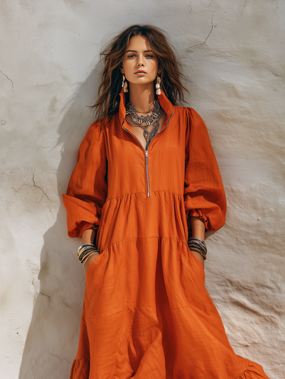 Women's Casual Orange Cotton-Linen Maxi Dress With Half-Zip Collar And Three-Quarter Sleeves