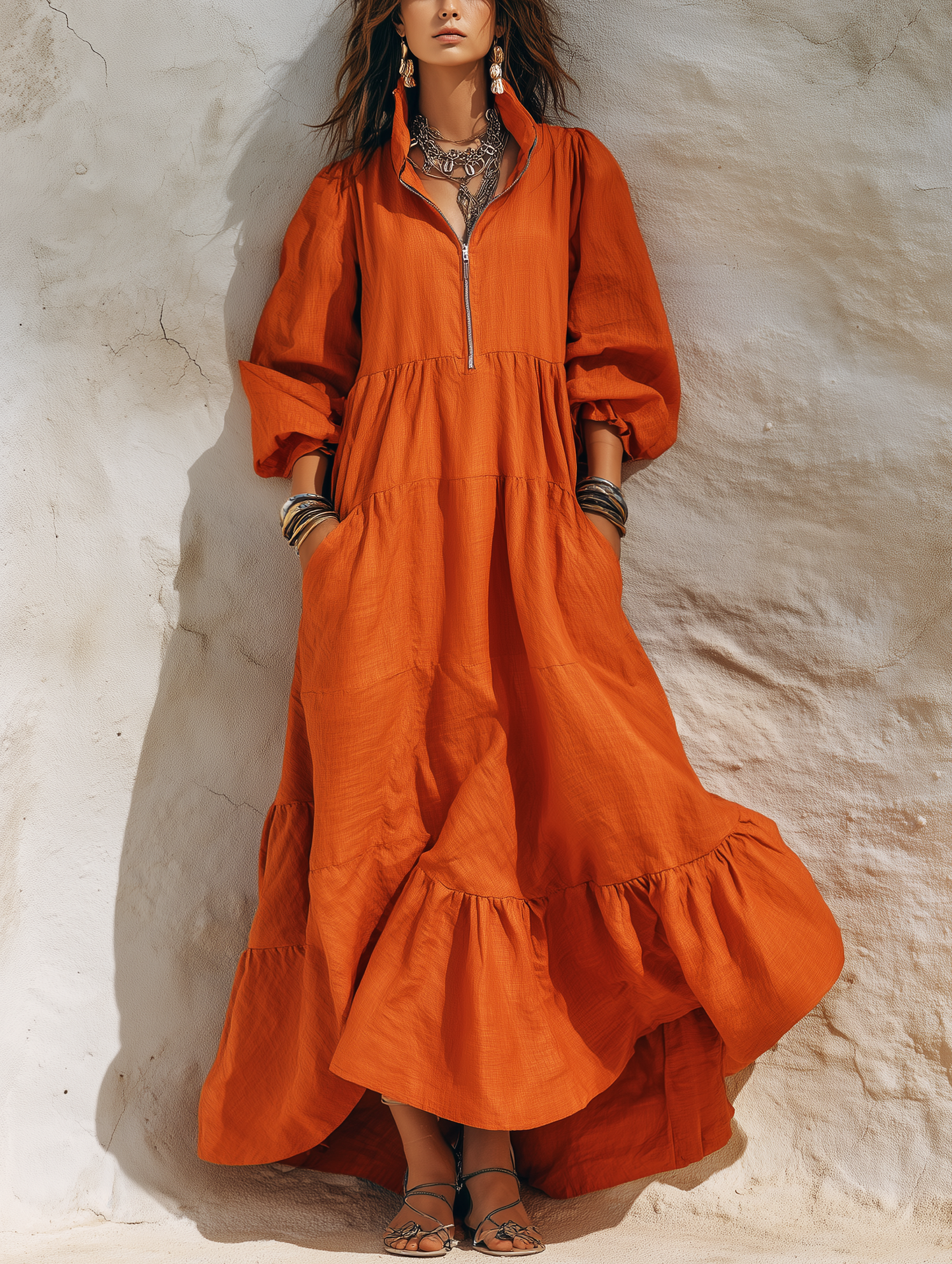 Women's Casual Orange Cotton-Linen Maxi Dress With Half-Zip Collar And Three-Quarter Sleeves