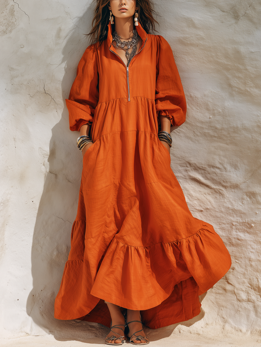 Women's Casual Orange Cotton-Linen Maxi Dress With Half-Zip Collar And Three-Quarter Sleeves