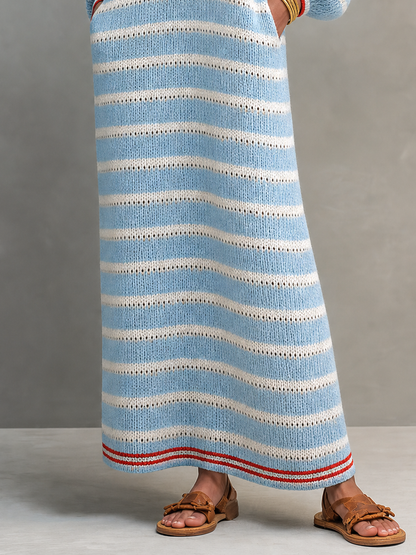 Women's Minimalist Striped Square-Neck Long-Sleeve Maxi Sweater Dress
