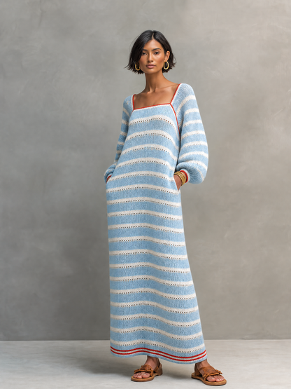 Women's Minimalist Striped Square-Neck Long-Sleeve Maxi Sweater Dress