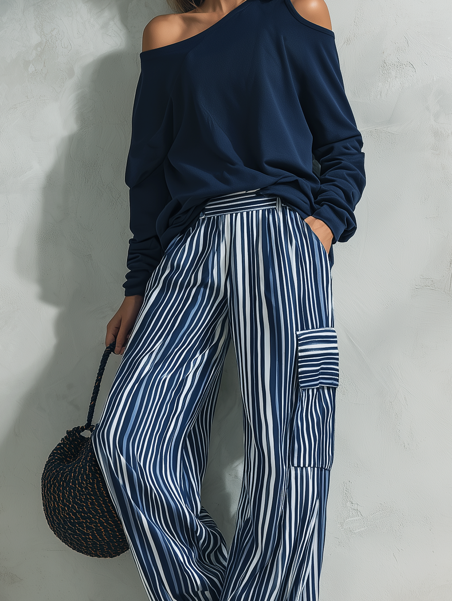 Women's Casual 2-Piece Set Long-sleeved Top In Navy Blue Sweatshirt Fabric And Blue-and-white Striped Woven Trousers