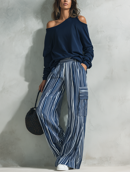 Women's Casual 2-Piece Set Long-sleeved Top In Navy Blue Sweatshirt Fabric And Blue-and-white Striped Woven Trousers