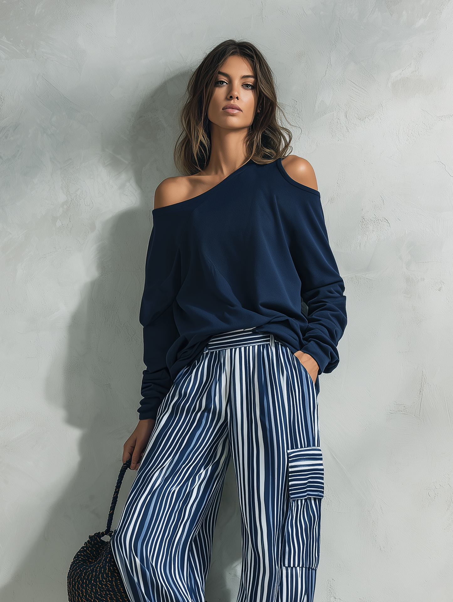 Women's Casual 2-Piece Set Long-sleeved Top In Navy Blue Sweatshirt Fabric And Blue-and-white Striped Woven Trousers