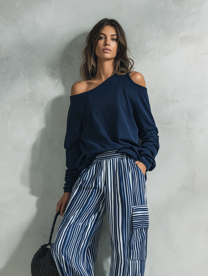 Women's Casual 2-Piece Set Long-sleeved Top In Navy Blue Sweatshirt Fabric And Blue-and-white Striped Woven Trousers