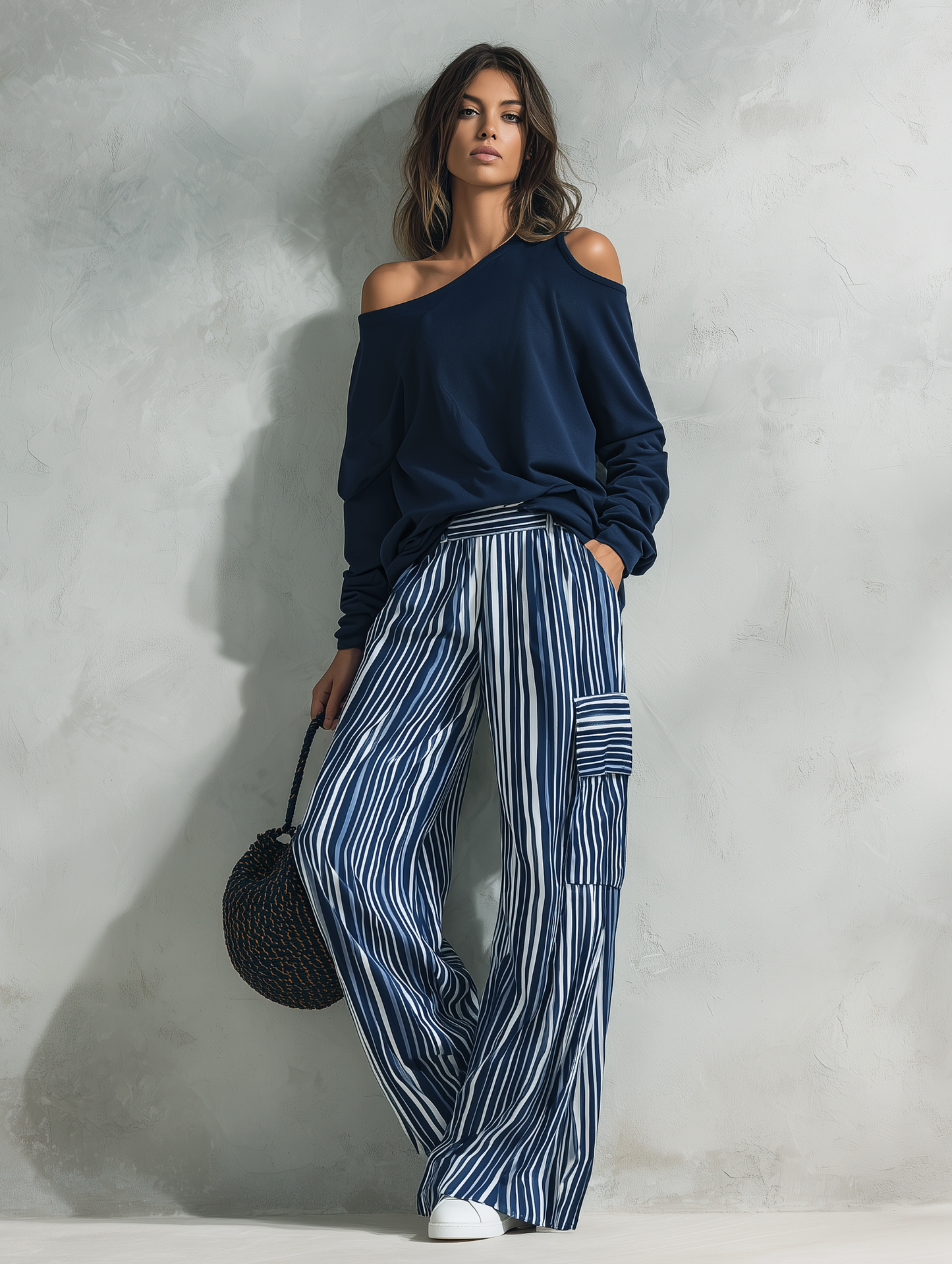 Women's Casual 2-Piece Set Long-sleeved Top In Navy Blue Sweatshirt Fabric And Blue-and-white Striped Woven Trousers