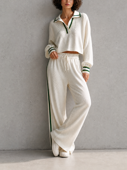 Women's Casual Sporty Off-white Ribbed-Knit Polo-Collar Half-Zip Green-Trim Dropped-Shoulder Long-Sleeve Cropped Top & Drawstring Wide-Leg Trouser Set
