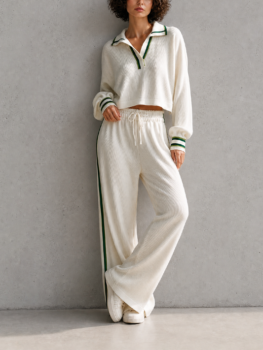 Women's Casual Sporty Off-white Ribbed-Knit Polo-Collar Half-Zip Green-Trim Dropped-Shoulder Long-Sleeve Cropped Top & Drawstring Wide-Leg Trouser Set