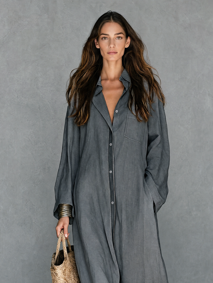 Women's Casual Grey Cotton-linen Long-sleeved Maxi Dress