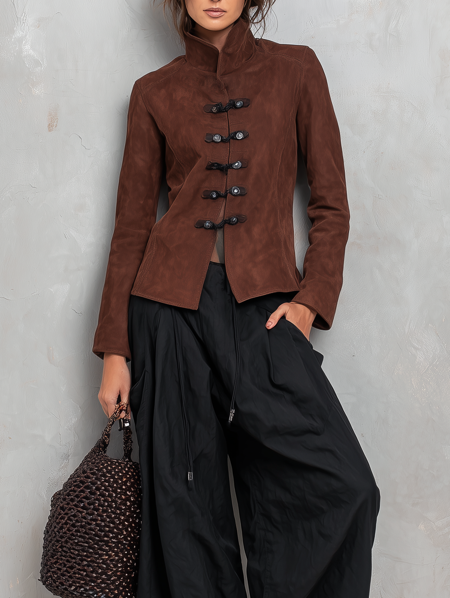 Women's Casual 2-Piece Set Brown Suede Long-sleeve Jacket And Black Woven Trousers