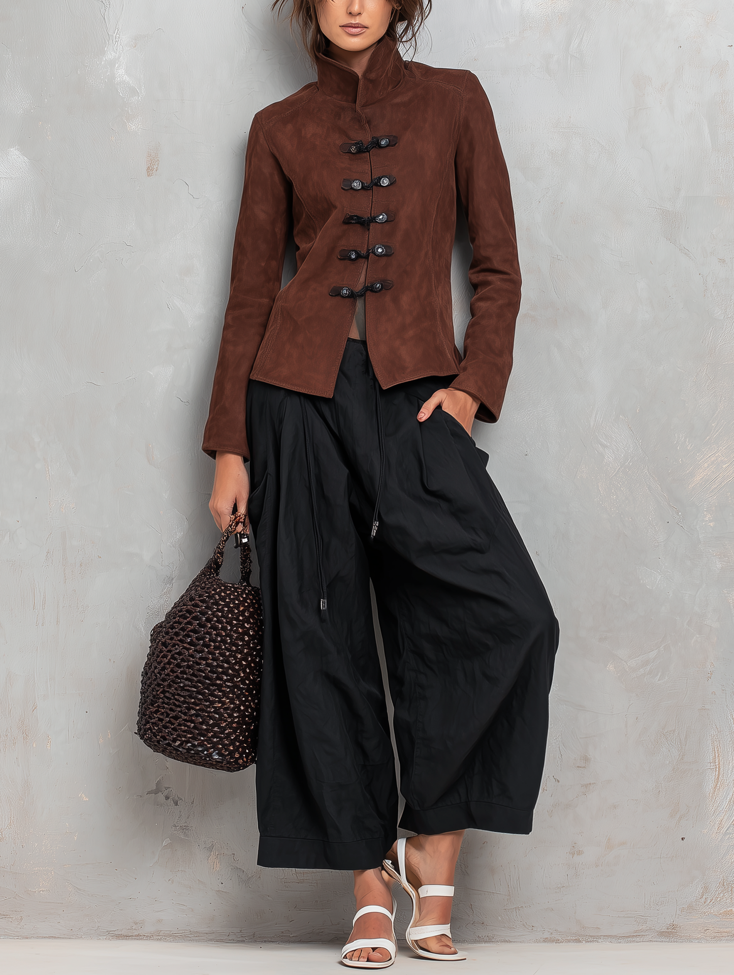 Women's Casual 2-Piece Set Brown Suede Long-sleeve Jacket And Black Woven Trousers