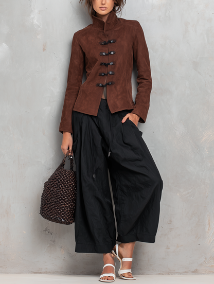 Women's Casual 2-Piece Set Brown Suede Long-sleeve Jacket And Black Woven Trousers