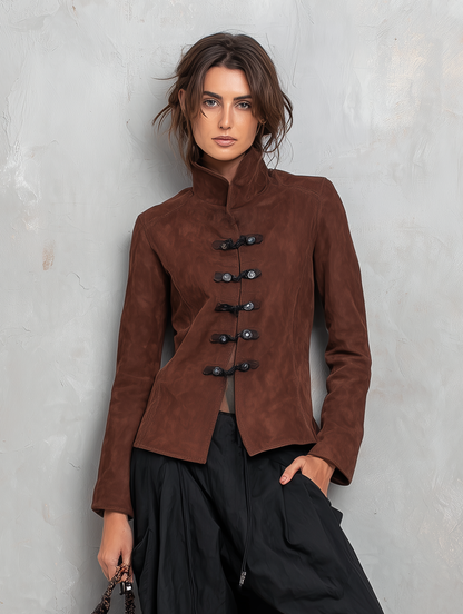 Women's Casual Brown Suede Long-sleeve Jacket