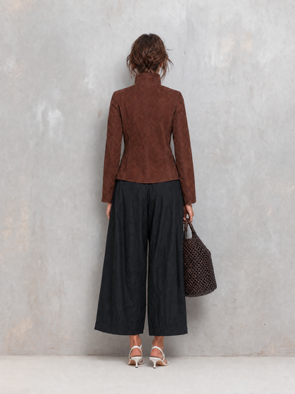 Women's Casual Brown Suede Long-sleeve Jacket