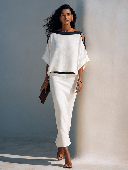 Women's Linen-Blend Batwing-Sleeve Top And Midi Skirt Two-Piece Set