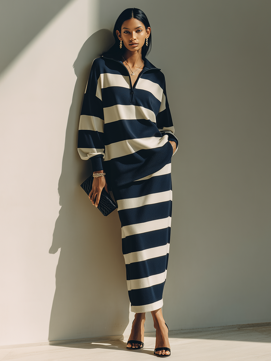 Women's Color-Block Striped Cotton-Blend Half-Zip Top & Midi Skirt Two-Piece Set